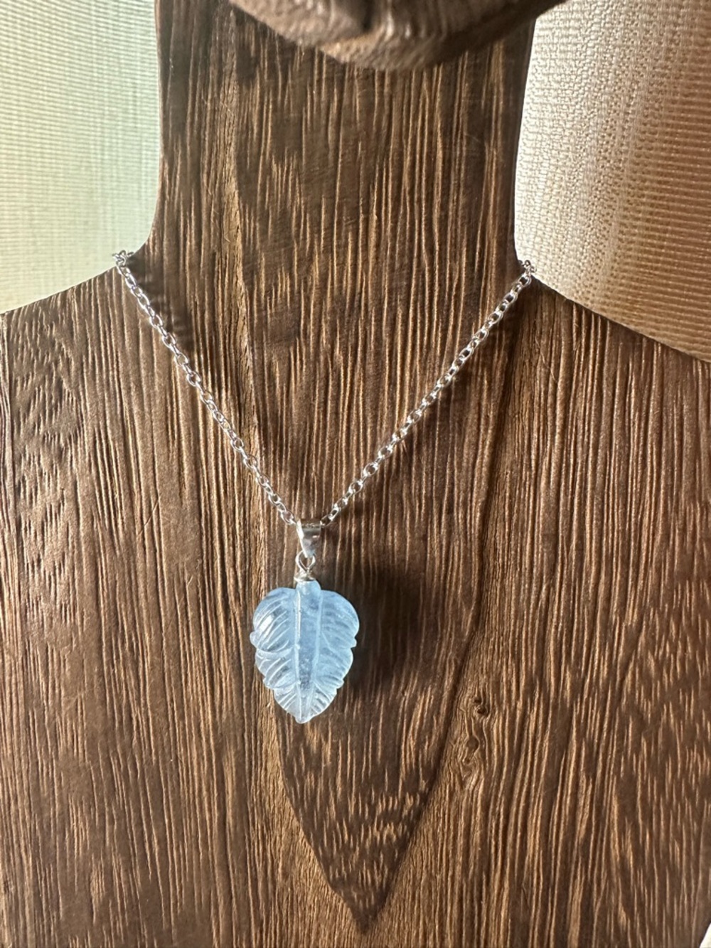 Small Aquamarine Leaf Pendant on Sterling Silver Bail and Silver Plated Chain - Picture 13 of 15
